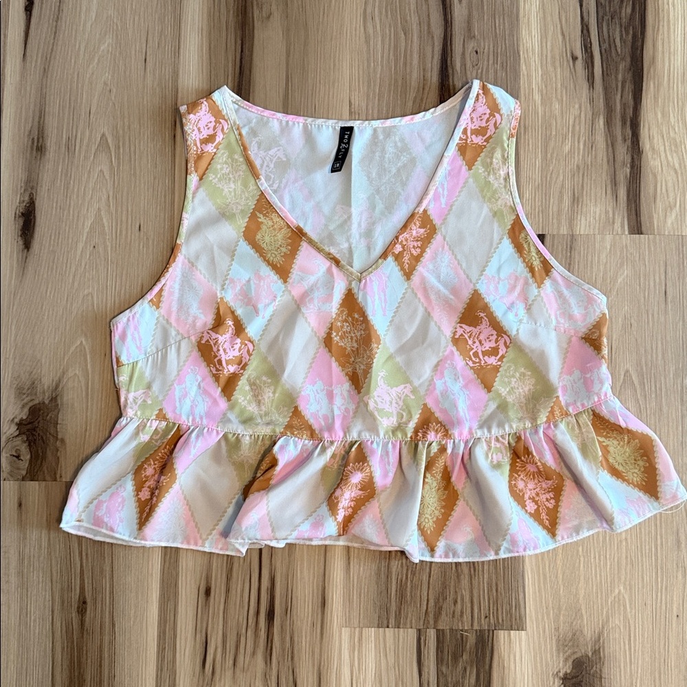 Sleeveless Argyle Peplum Top - Pink, Orange, Cream